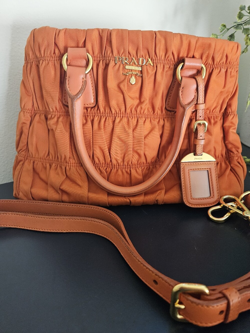 Prada Orange Ruched Satchel with Gold Hardware and Detachable Strap